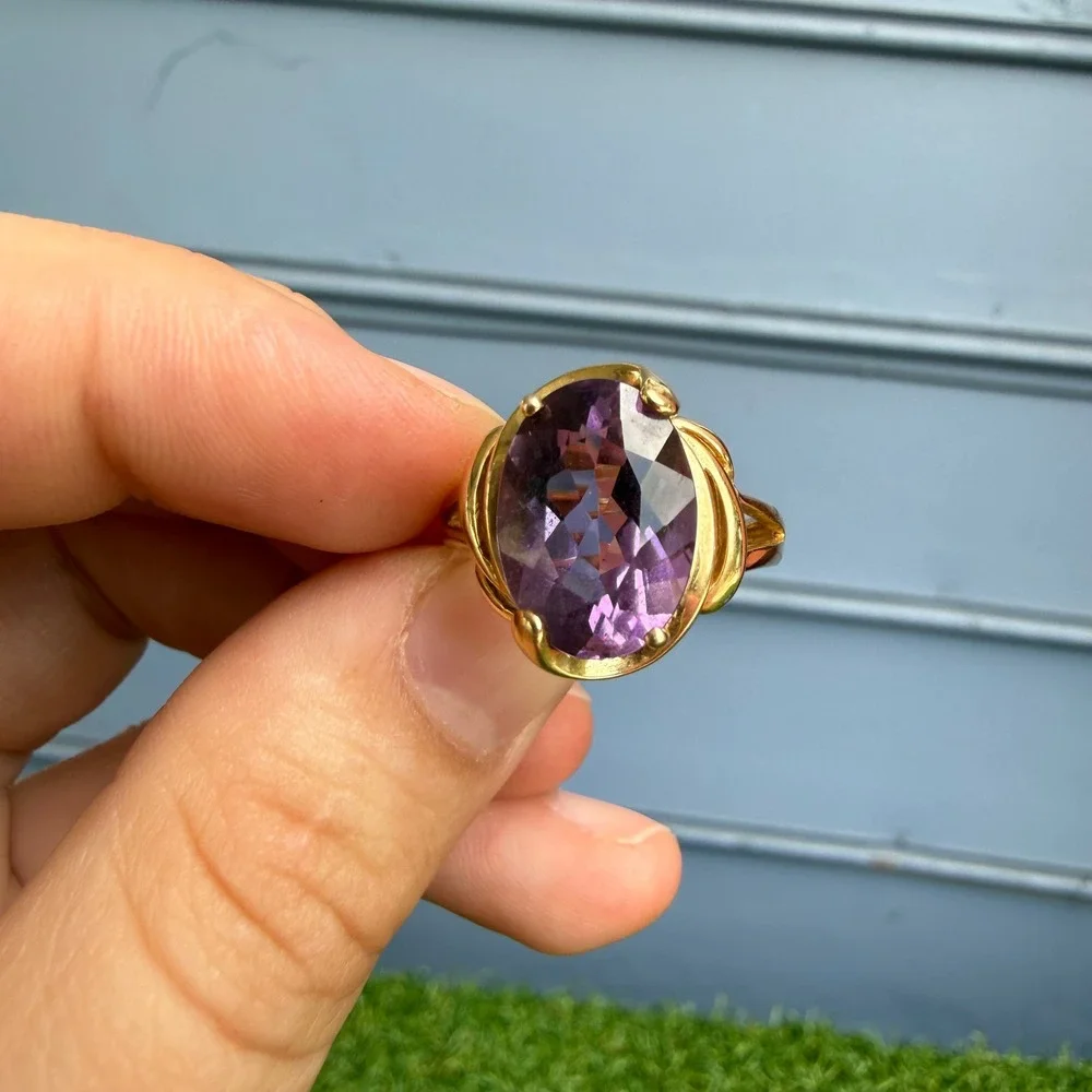 Vtg 80s 14k Yellow Gold Ring Engagement Promise Faceted Amethyst Cabochon Size 8